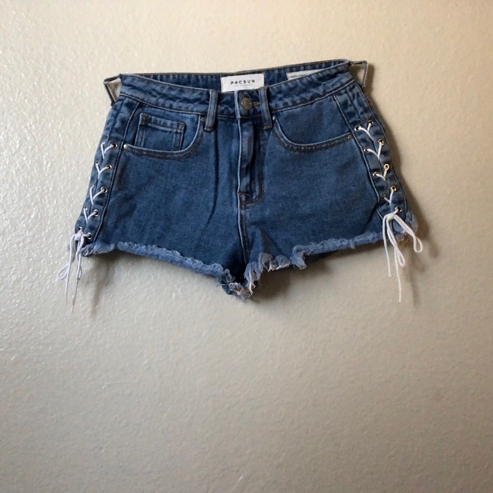 Blue wash jean shorts.